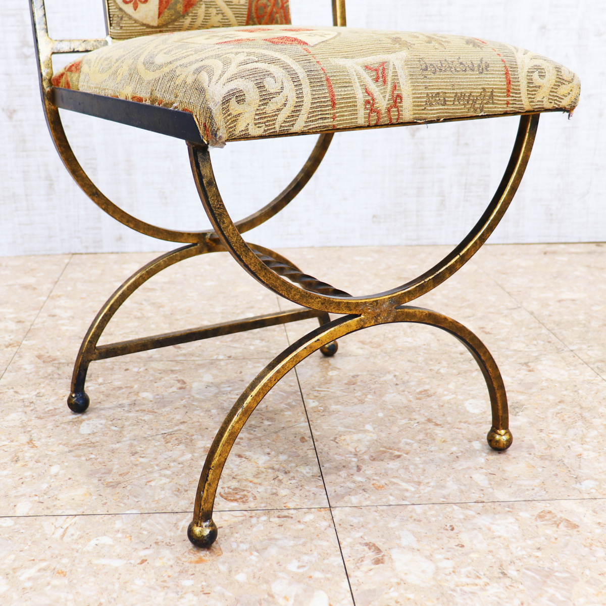 イギリス アンティーク アイアンフレームチェア ゴブラン織り